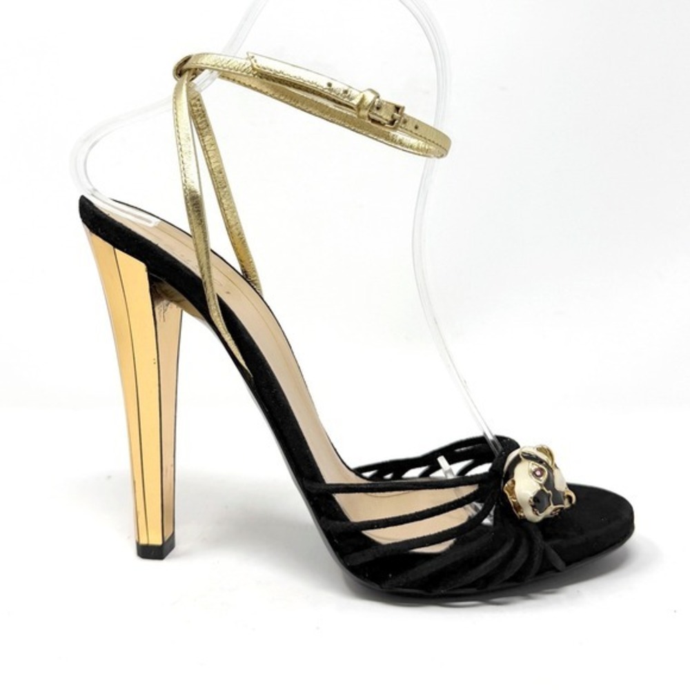 Gucci Black Suede Platform Heels Gold‎ Heel Panther Charm Sandals 38 - Picture 4 of 11